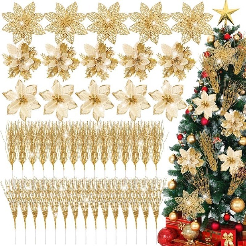 Christmas Wreath Fake - 5 szt. świątecznych błyszczących kwiatów poinsecji,